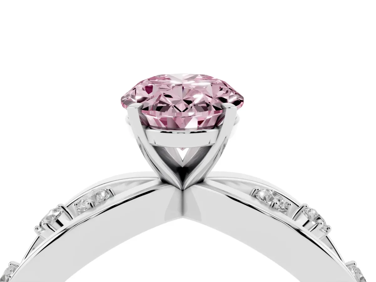 Fancy Pink Oval Cut Cut Solitaire Diamond with Side Stones on Criss-Cross Band and Four-Prong Setting Platinum