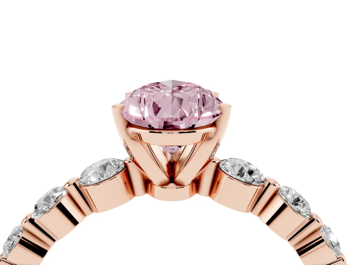 Fancy Pink Pear Cut Solitaire Diamond Ring with Pave Band and Four-Prong Setting Rose gold