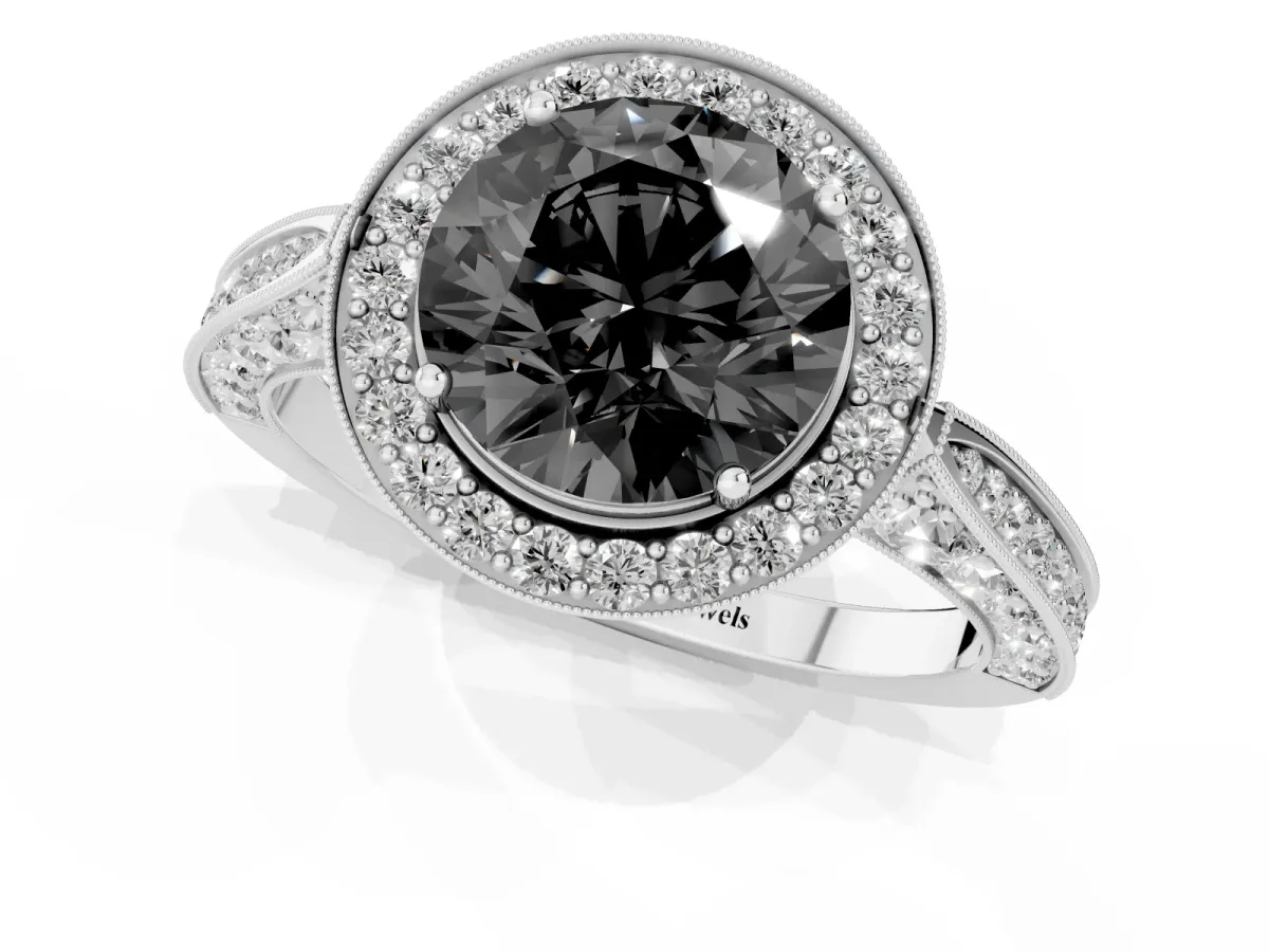 Fancy Black Round Cut Halo Diamond Engagement Ring with Split Shank Band and Four-Prong Setting Platinum