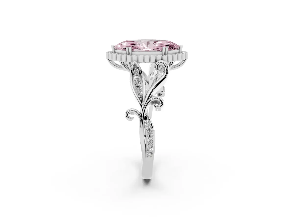 Fancy Pink Marquise Cut Diamond Halo Ring with Vintage Split Shank and Four-Prong Setting Platinum