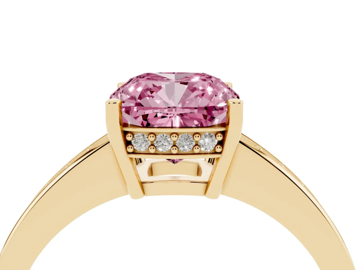 Fancy Pink Cushion Cut Solitaire Pavé Band Prong Setting Ring Yellow gold