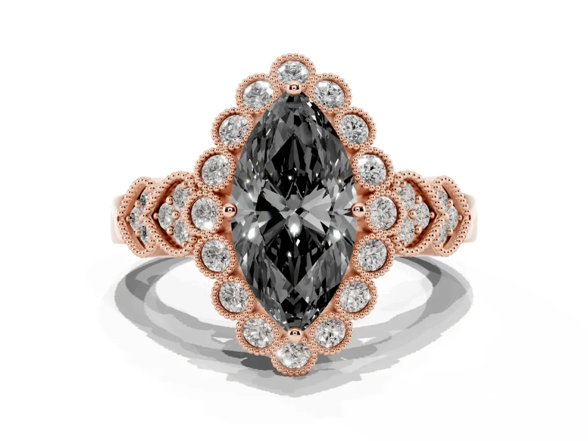 Fancy Black Marquise Cut Brilliant Milgrain Pave Heart Band Solitaire Ring Rose gold