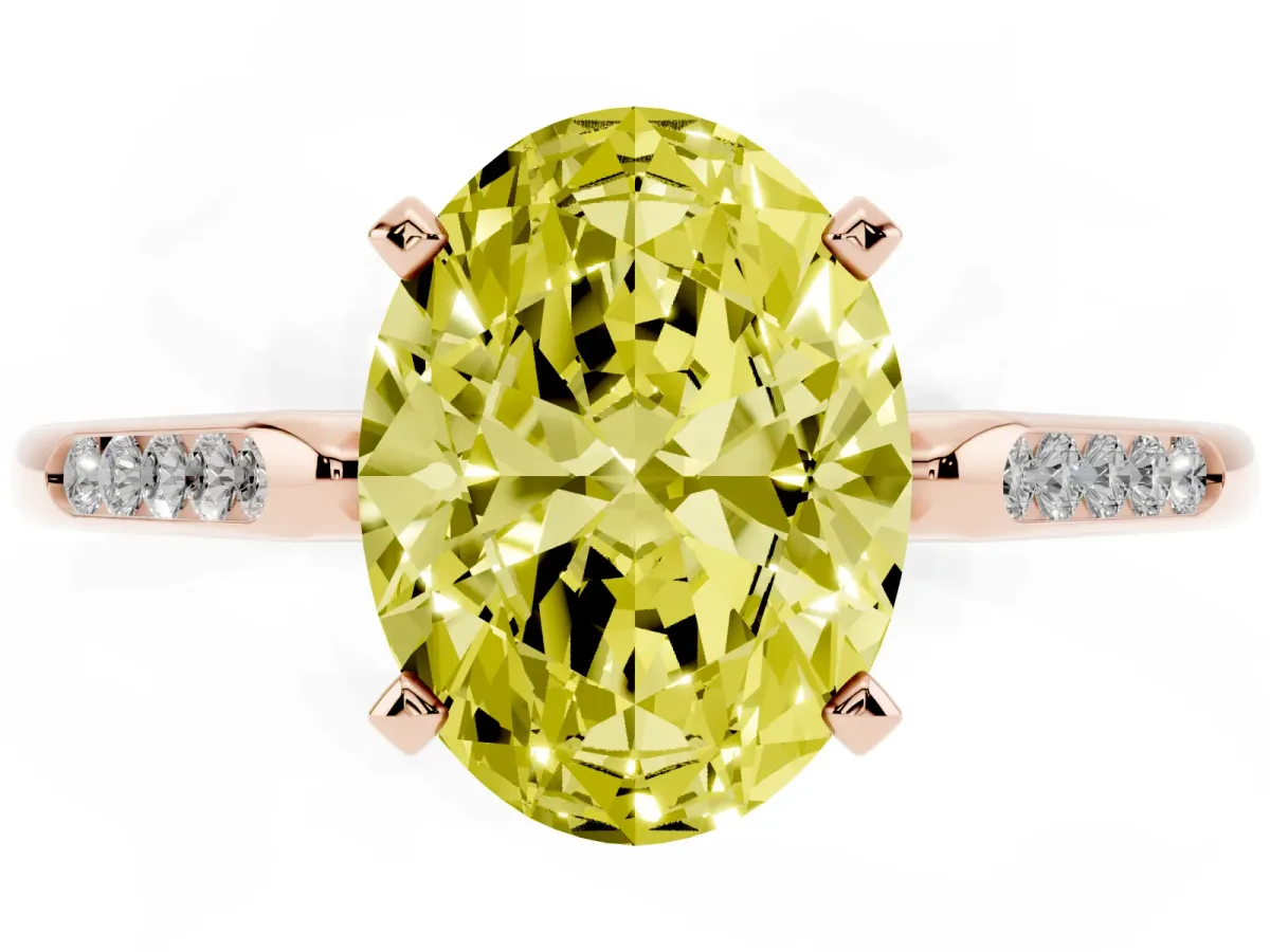 Fancy Yellow Oval Cut Diamond Solitaire Ring with Channel Set Round Band and Prong Setting Rose gold
