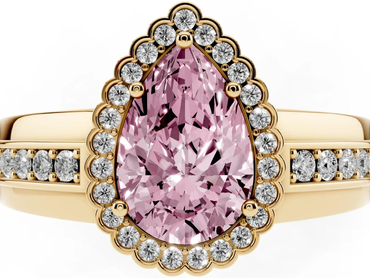 Fancy Pink Pear Cut Cut Halo Pave Band Four-Prong Ring Yellow gold