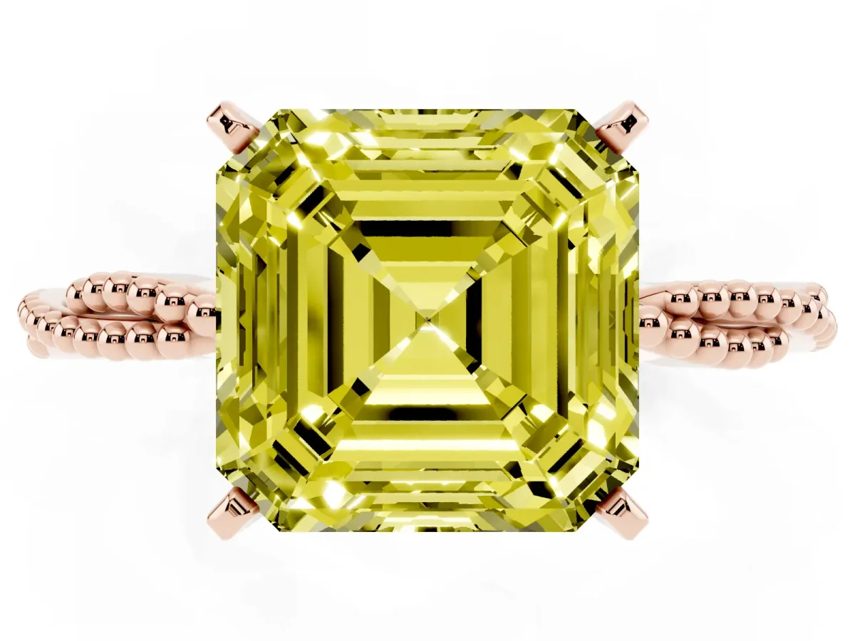 Fancy Yellow Asscher Cut Solitaire Twisted Band with Bead Prong Setting Rose gold