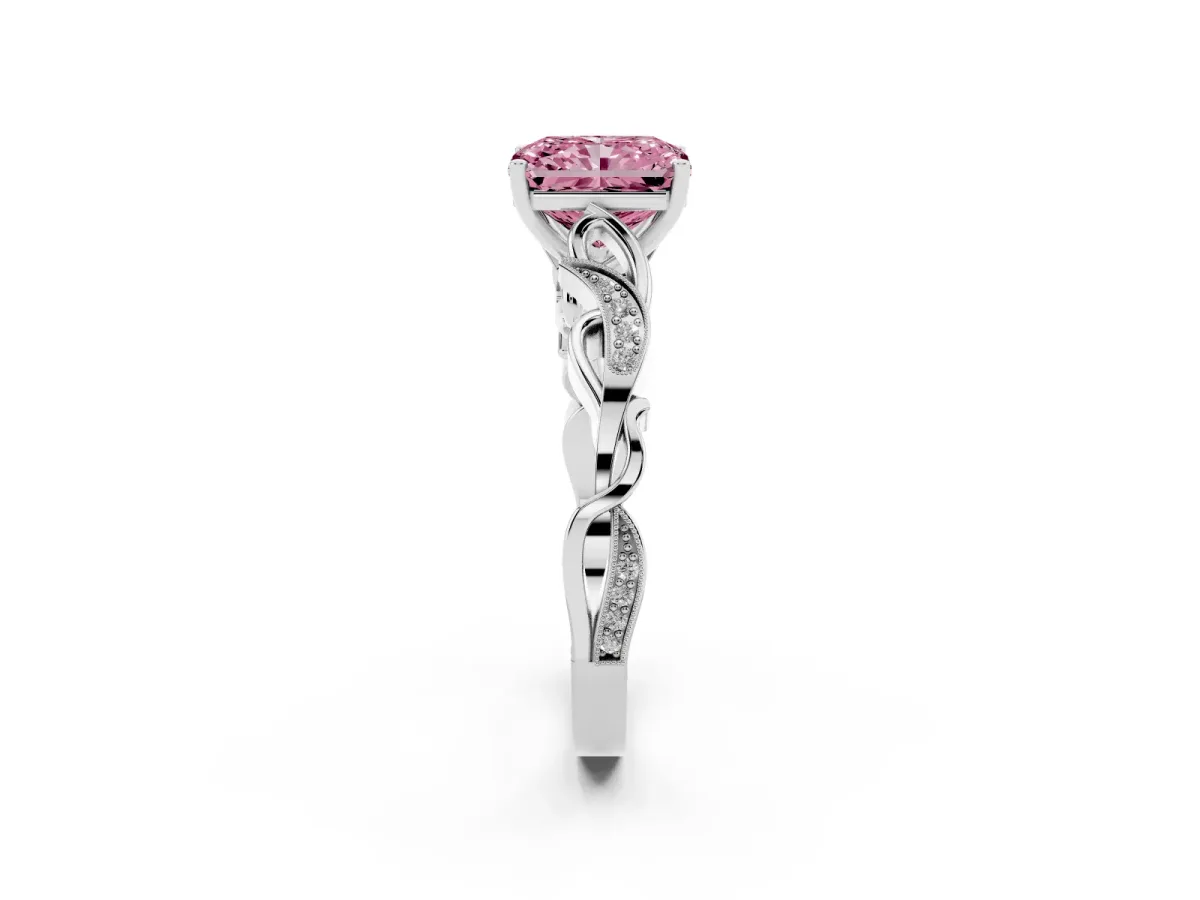 Fancy Pink Radiant Cut Solitaire Vine Band with Milgrain Prong Setting Silver
