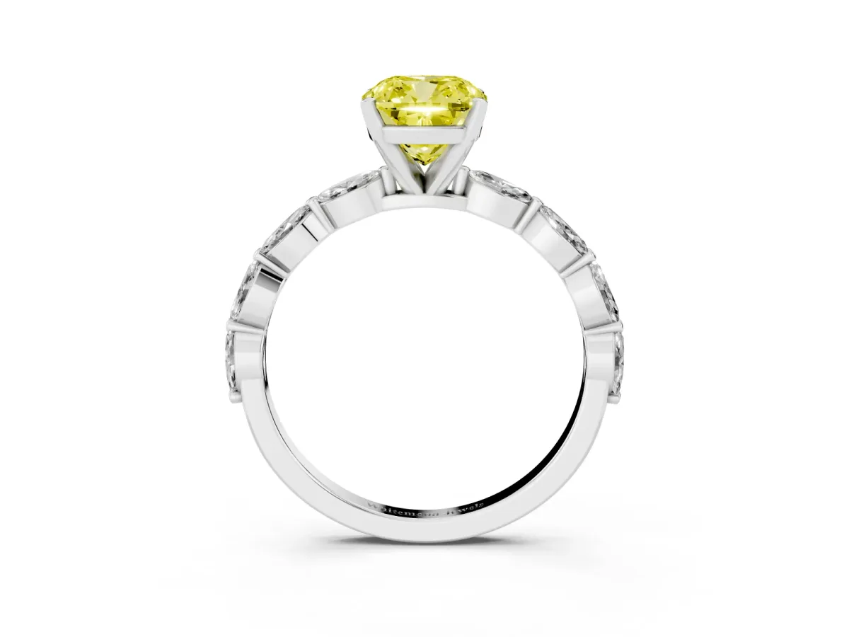 Fancy Yellow Cushion Cut Diamond Ring with Marquise Side Stones and Prong Setting Platinum