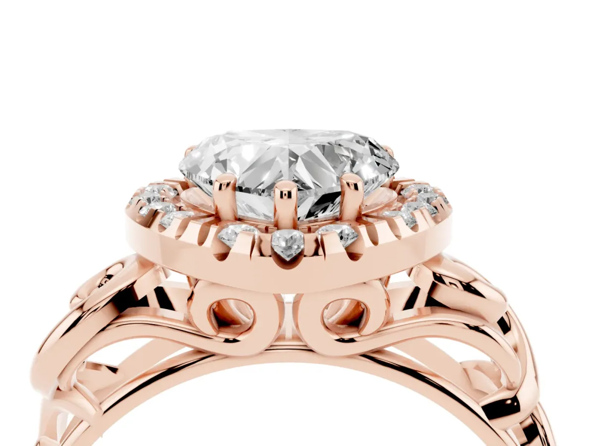 Heart Cut Cut Halo Diamond Ring with Scrollwork Band and Four-Prong Setting Rose gold