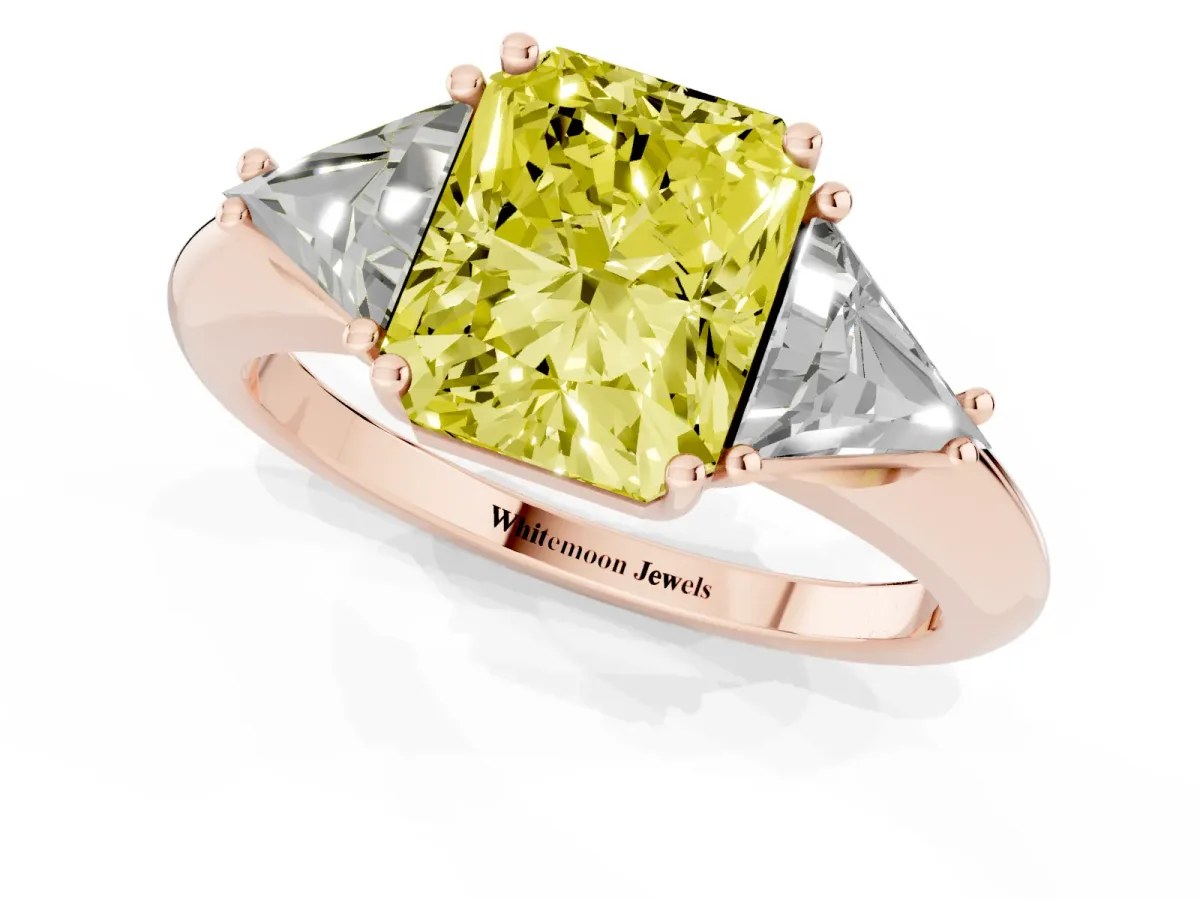 Fancy Yellow Three-Stone Radiant Cut Diamond Engagement Ring with Trillion Side Stones and Prong Setting Rose gold
