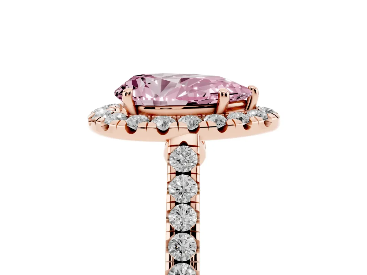 Fancy Pink Pear Cut Halo Pave Diamond Engagement Ring with Four-Prong Setting Rose gold