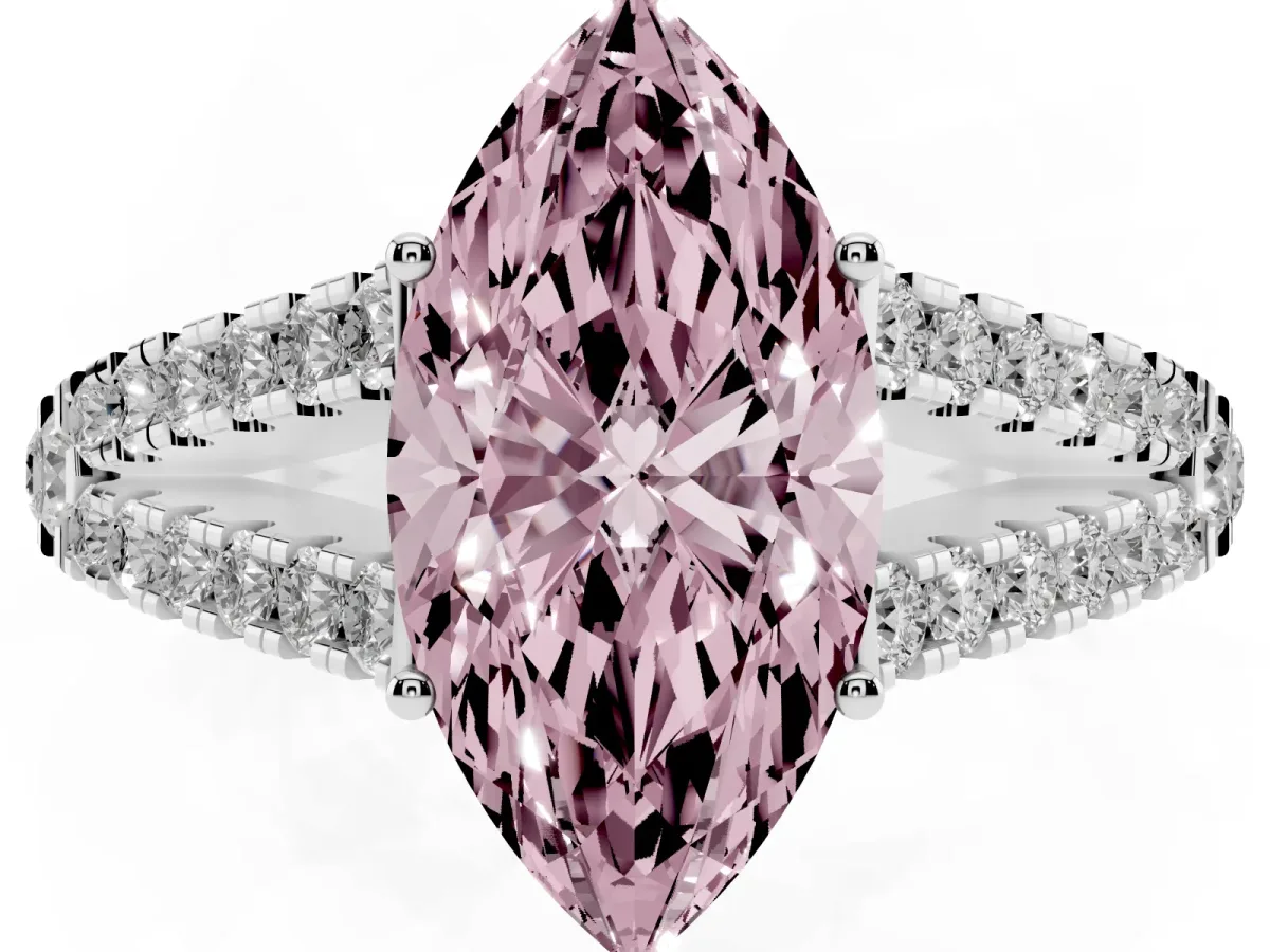 Fancy Pink Marquise Cut Diamond Split Shank Engagement Ring with Round Pavé and Prong Setting Silver