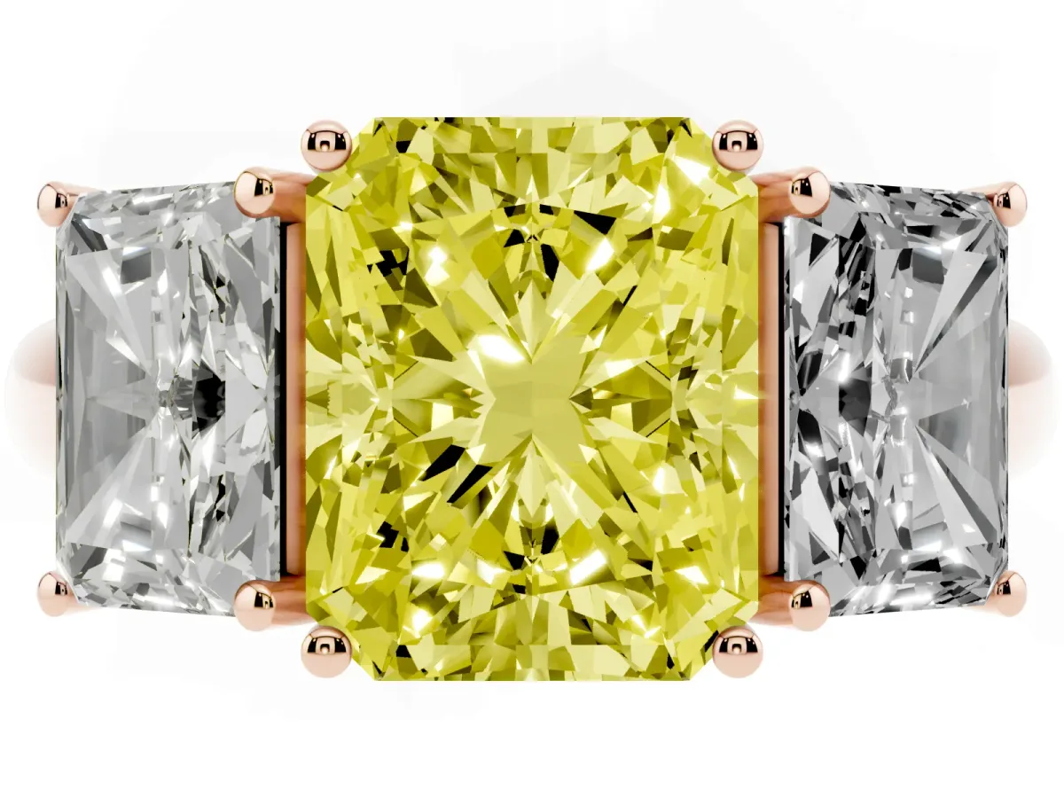 Fancy Yellow Three-Stone Radiant Cut Diamond Engagement Ring with Prong Setting Rose gold