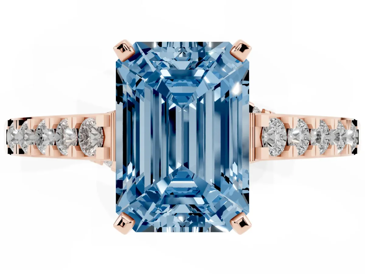 Fancy Blue Emerald Cut Diamond Solitaire Ring with Crossover Gallery and Round Pavé Band Rose gold