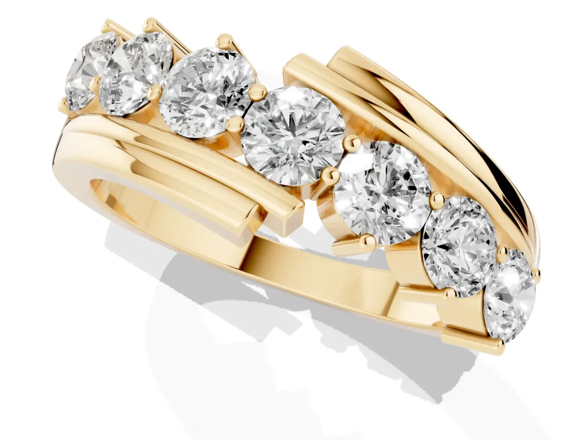 Round Diamond Wave Band with Channel and Shared Prong Setting Yellow gold