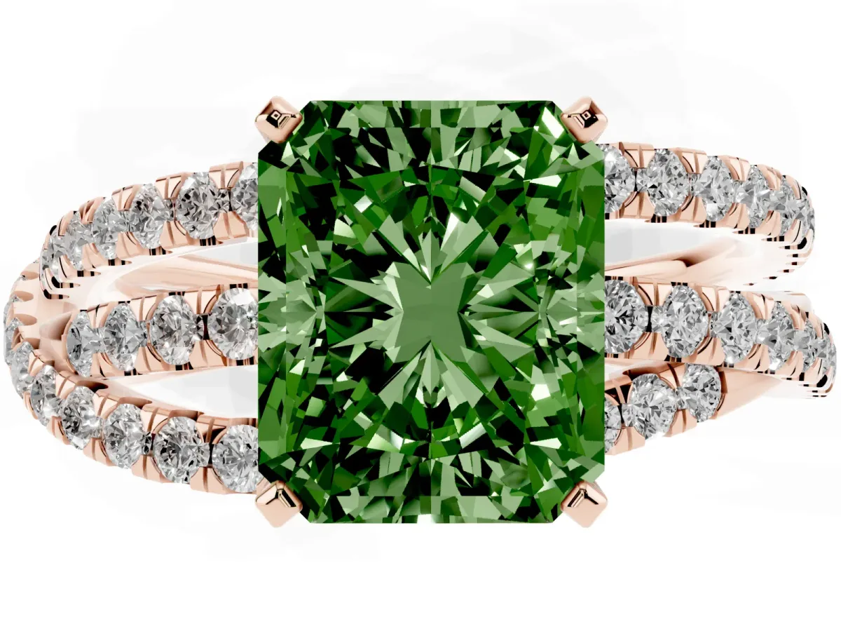 Fancy Green Radiant Cut Solitaire Twist Band with Pavé Setting and Four-Prong Setting Rose gold