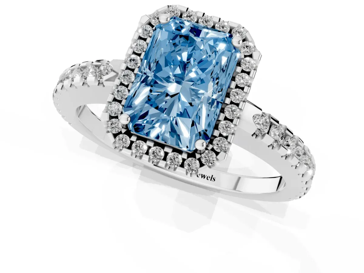Fancy Blue Radiant Cut Diamond Halo Engagement Ring with Pavé Band and Prong Setting Platinum