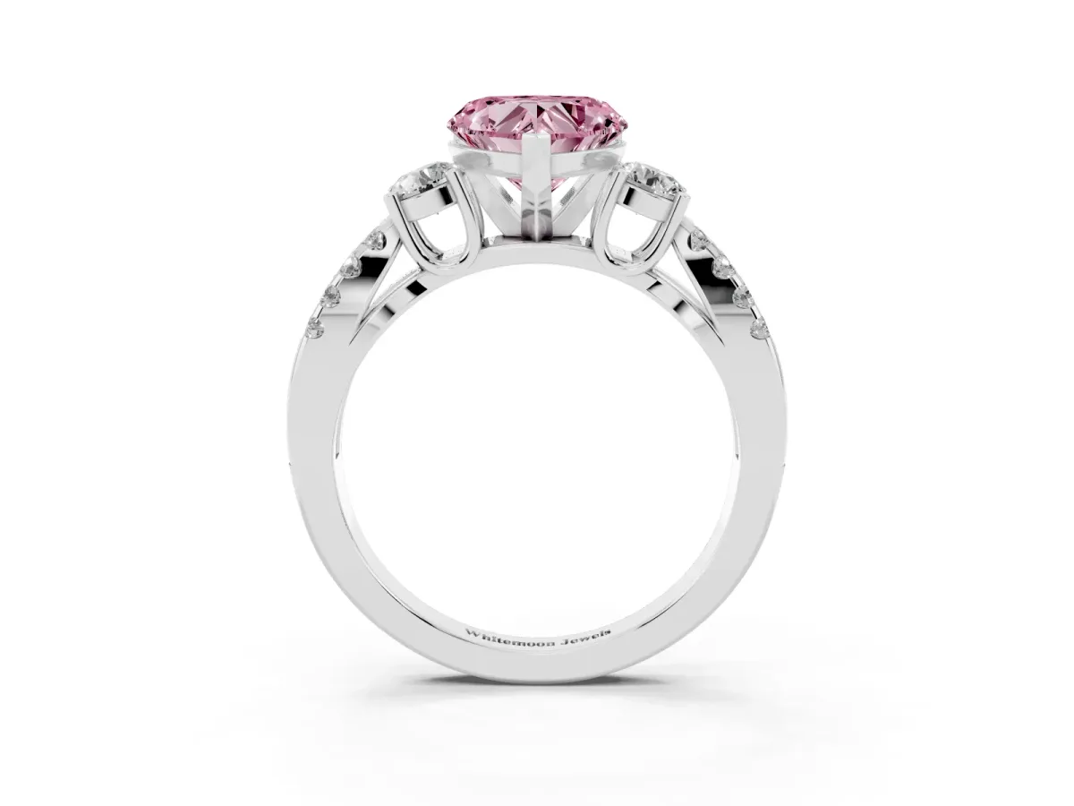 Fancy Pink Heart Cut Diamond Three-Stone Ring with Pavé Split Shank and Four-Prong Setting Platinum