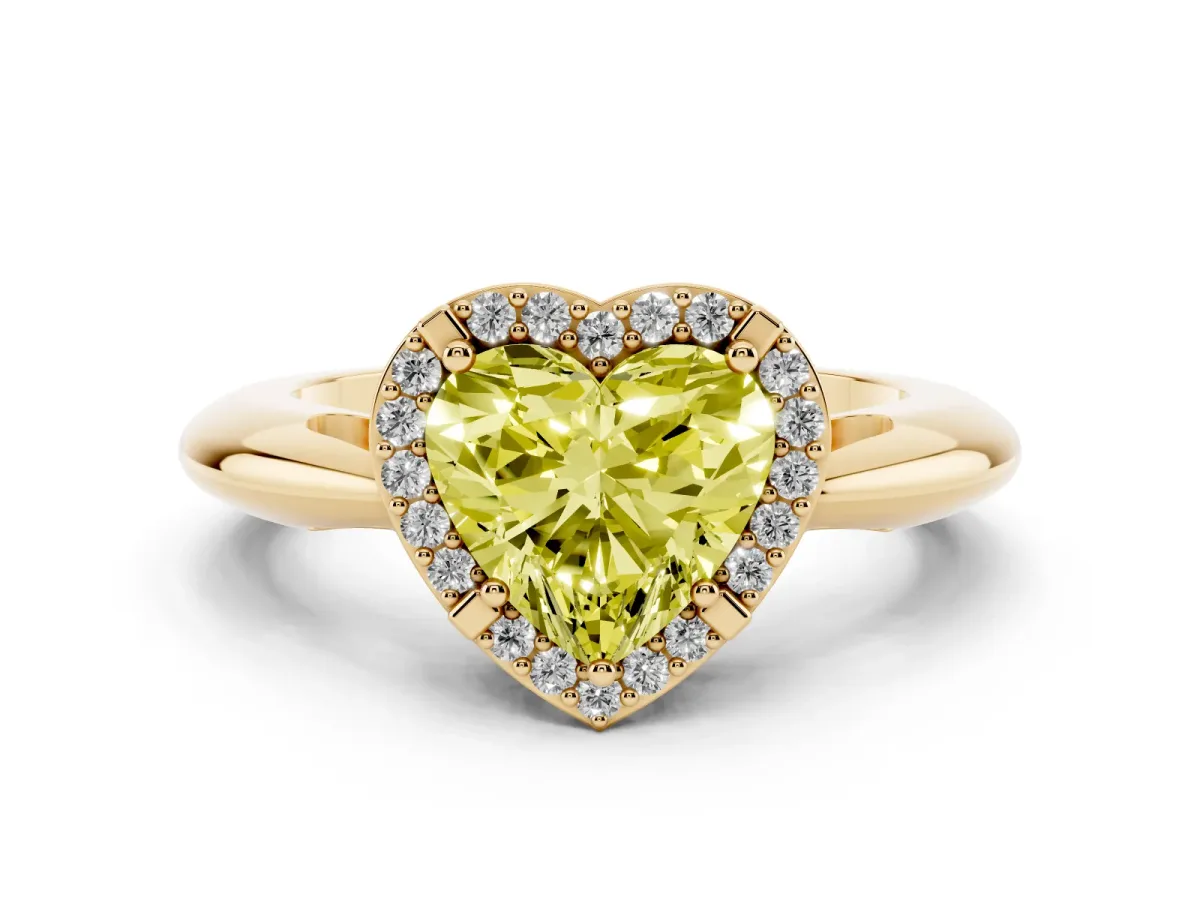 Fancy Yellow Heart Cut Cut Diamond Halo Engagement Ring with Split Shank and Four-Prong Setting Yellow gold
