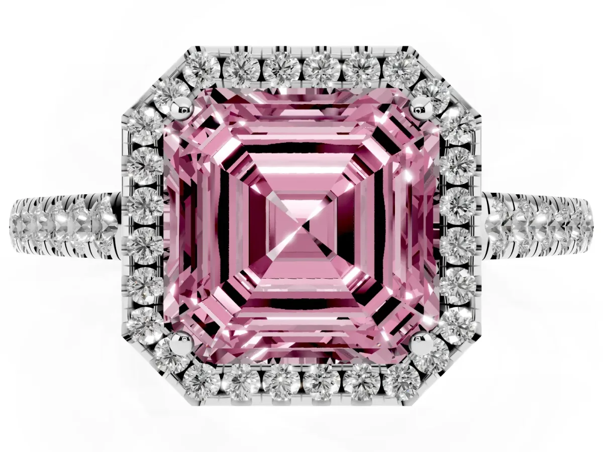 Fancy Pink Asscher Cut Halo Pave Diamond Engagement Ring with Four-Prong Setting White gold