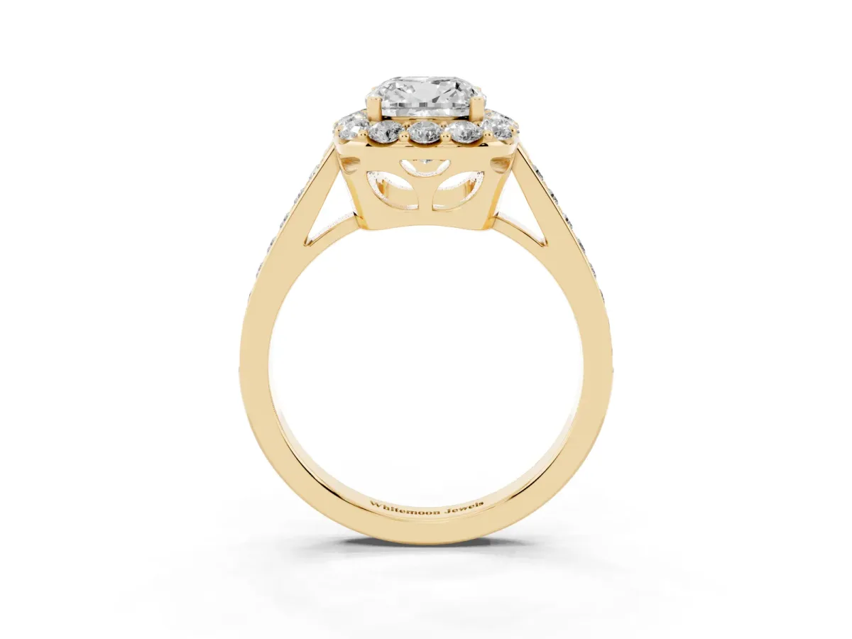Cushion Cut Diamond Floral Halo Ring with Pavé Band and Prong Setting Yellow gold