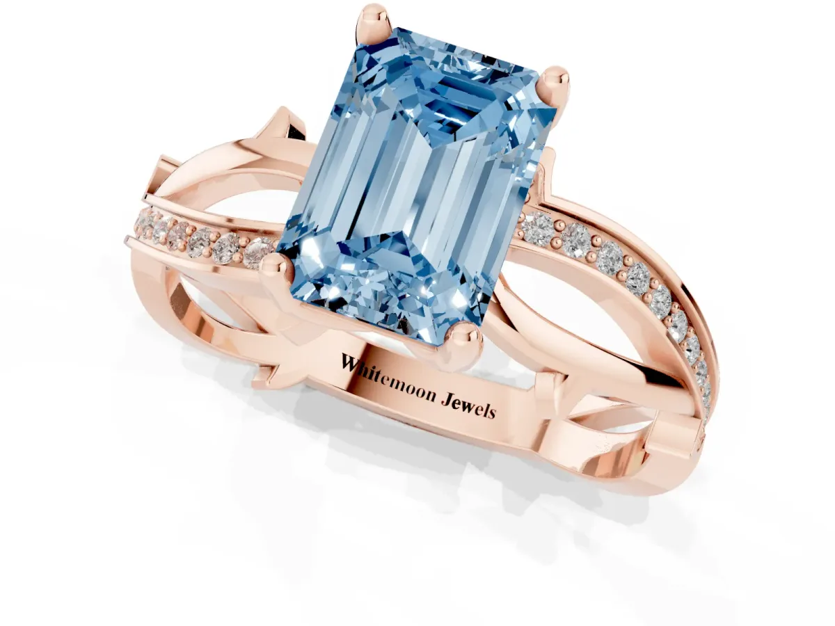 Fancy Blue Emerald Cut Solitaire Twist Band with Pavé Accents and Four-Prong Setting Rose gold