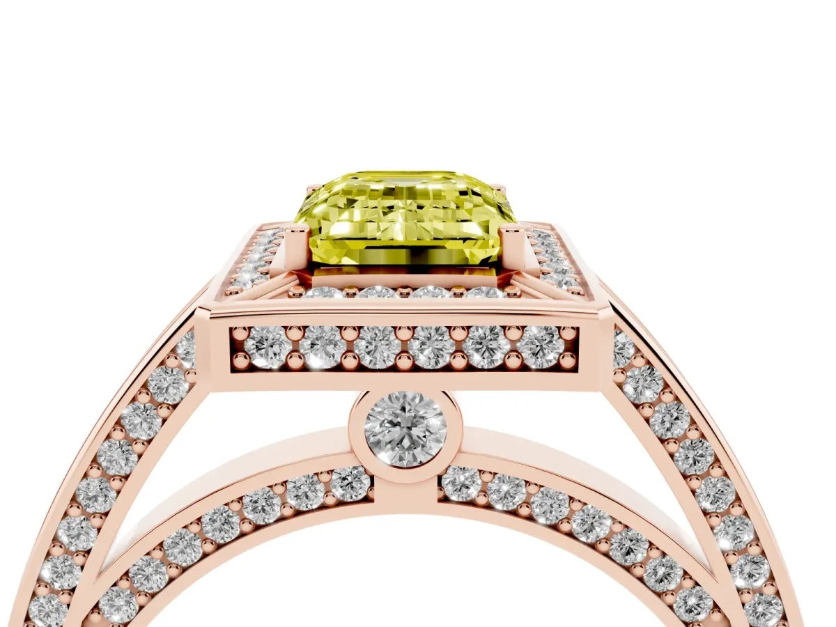 Fancy Yellow Emerald Cut Cut Halo Pave Split Shank Prong Setting Ring Rose gold