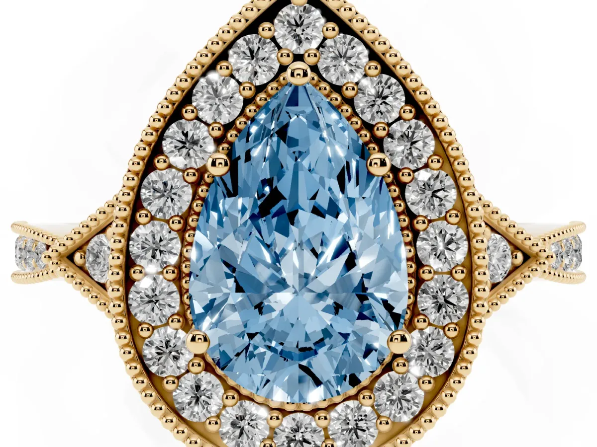 Fancy Blue Pear Cut Halo Round Diamond Milgrain Pave Engagement Ring Yellow gold