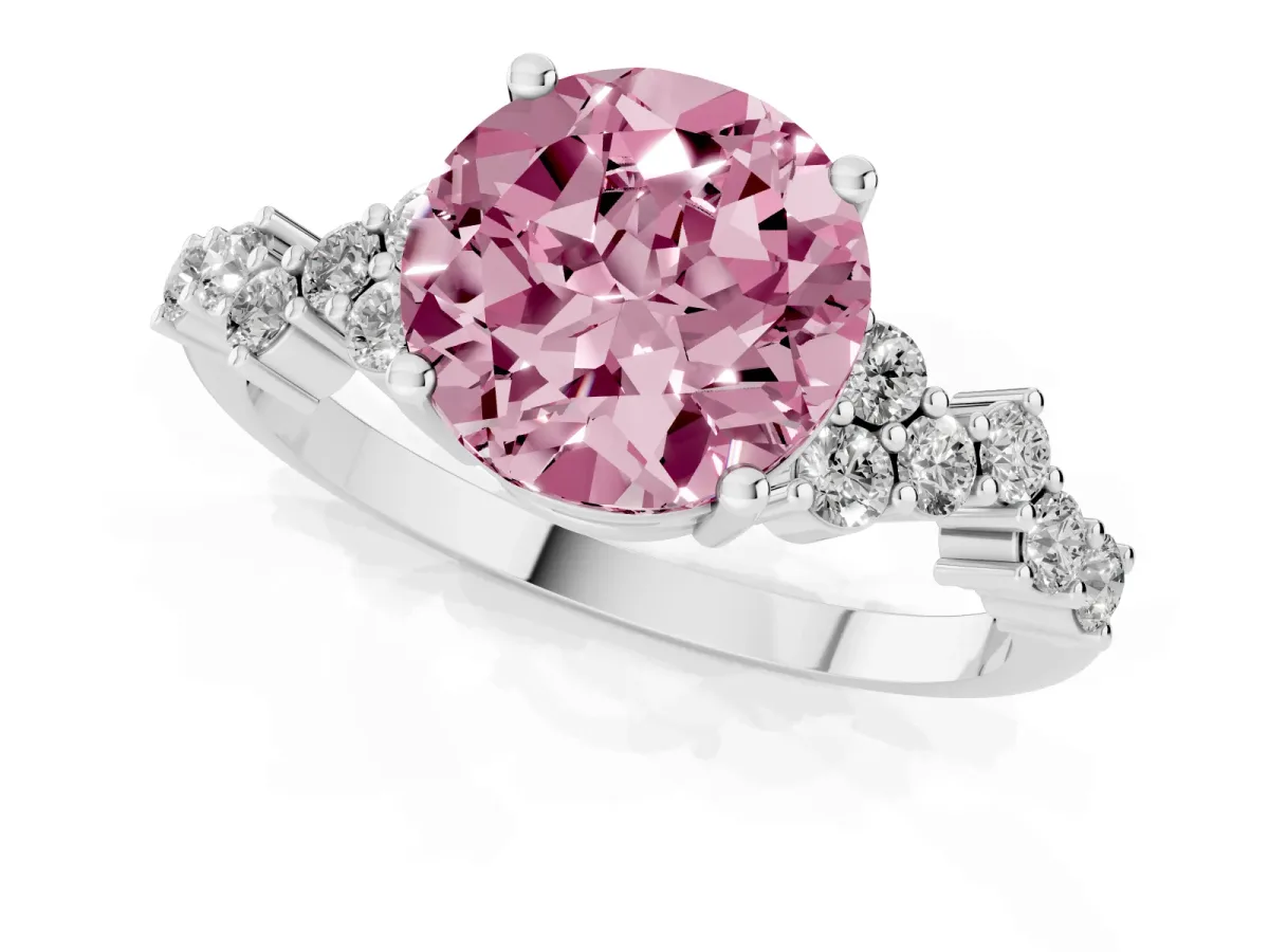 Fancy Pink Round Cut Diamond Scattered Round Accent Ring with Prong Setting Silver