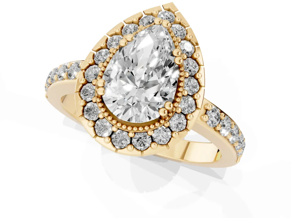 Pear Cut Diamond Halo Ring with Pavé Band and Prong Setting Yellow gold