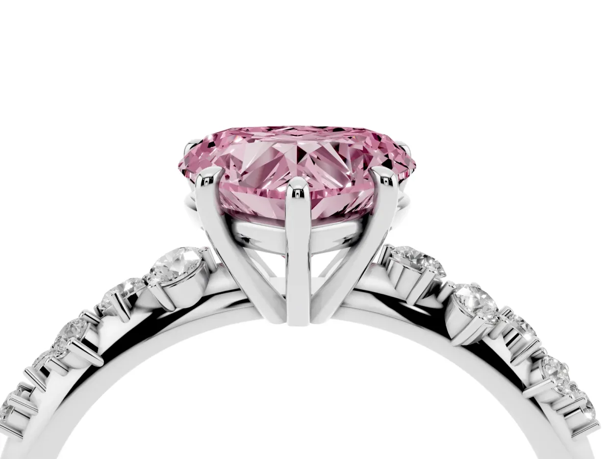 Fancy Pink Heart Cut Diamond Cluster Side Stone Solitaire Ring with Prong Setting Silver