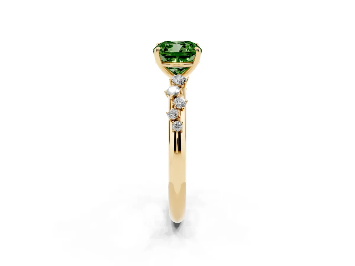 Fancy Green Cushion Cut Diamond Cluster Prong-Set Solitaire Ring Yellow gold