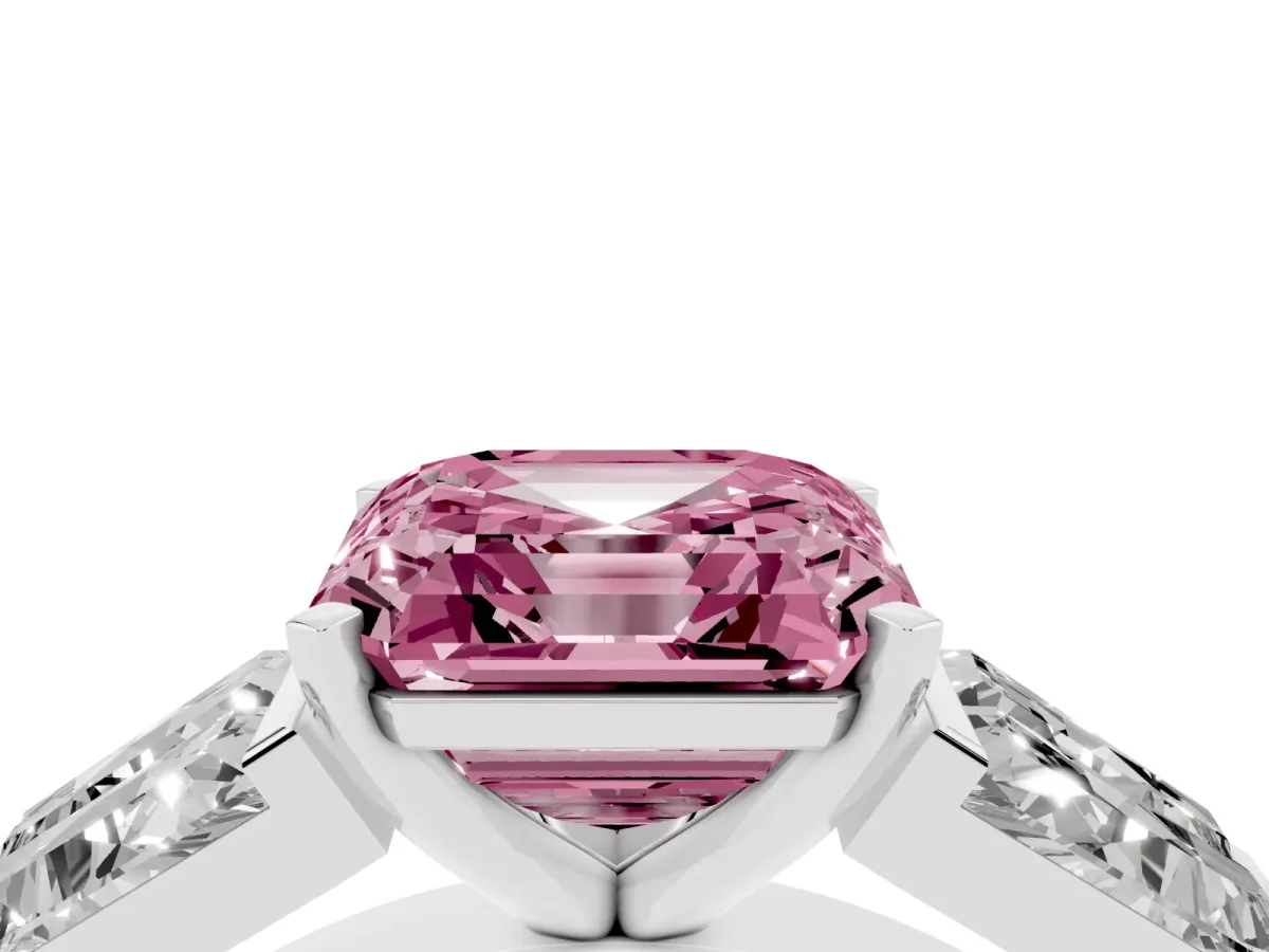 Fancy Pink Asscher Cut Diamond Engagement Ring with Baguette Side Stones and Channel Set Band White gold