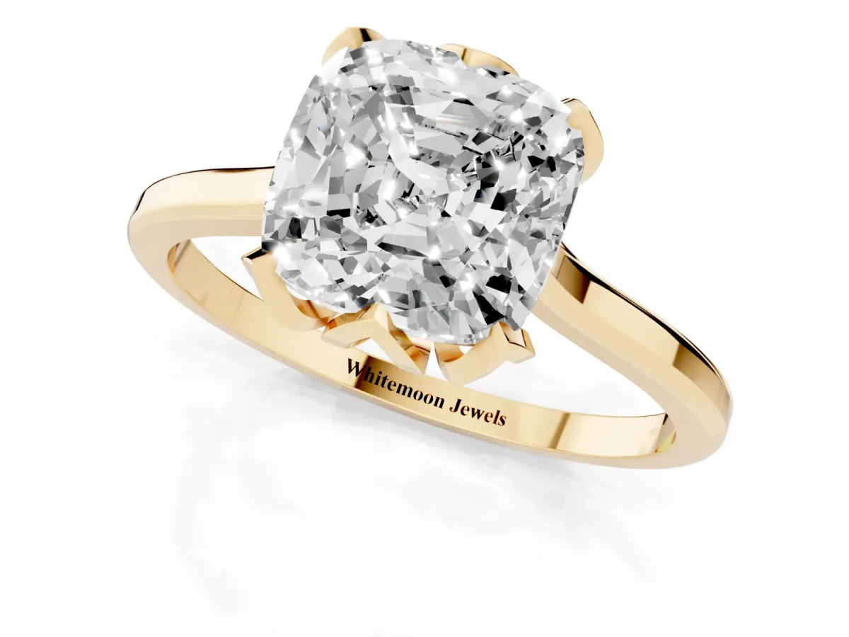 Cushion Cut Diamond Solitaire Ring with Flower Prong Setting and Classic Band Yellow gold
