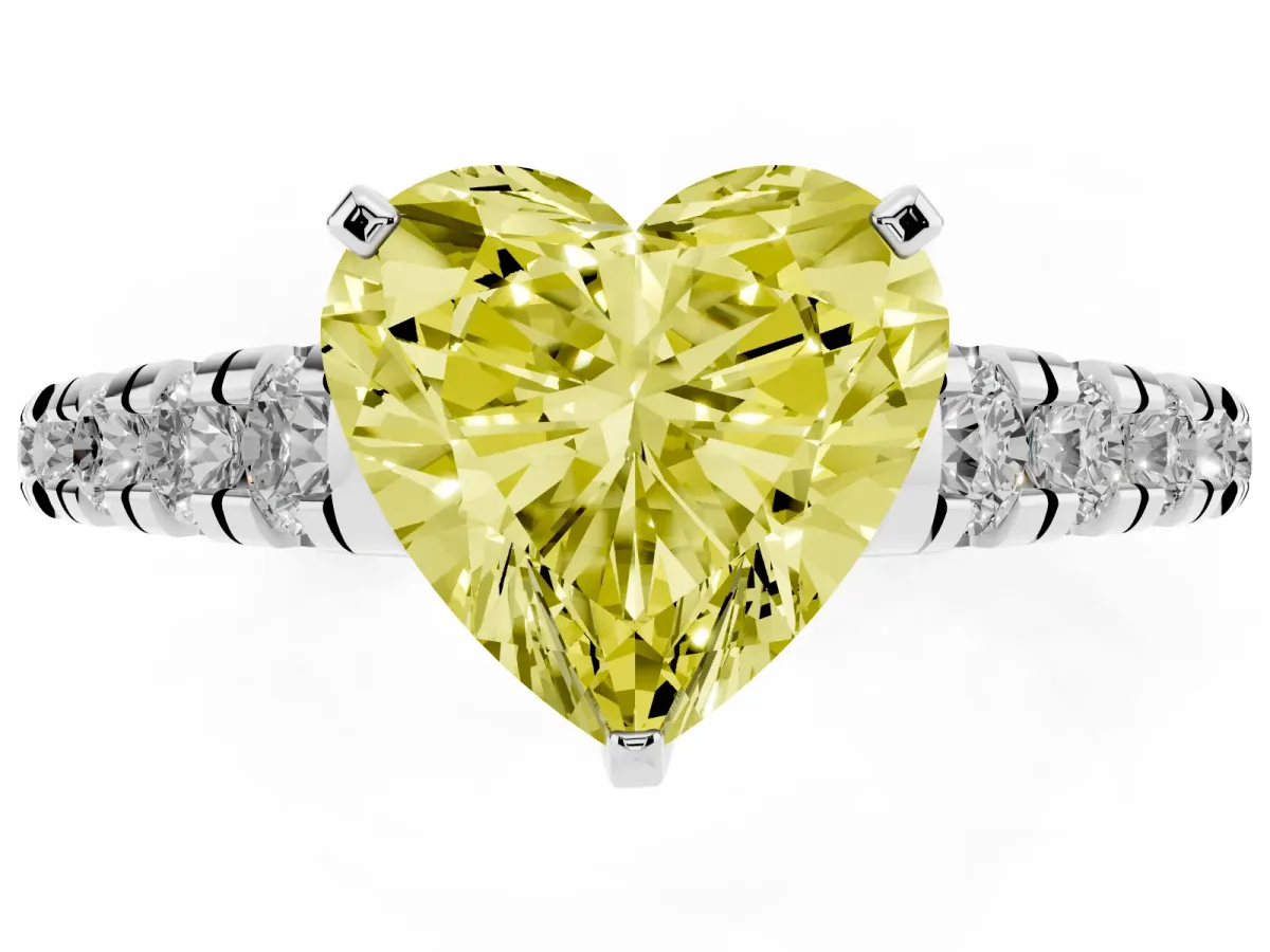Fancy Yellow Heart Cut Diamond Cathedral Solitaire Ring with Round Pavé Band Silver