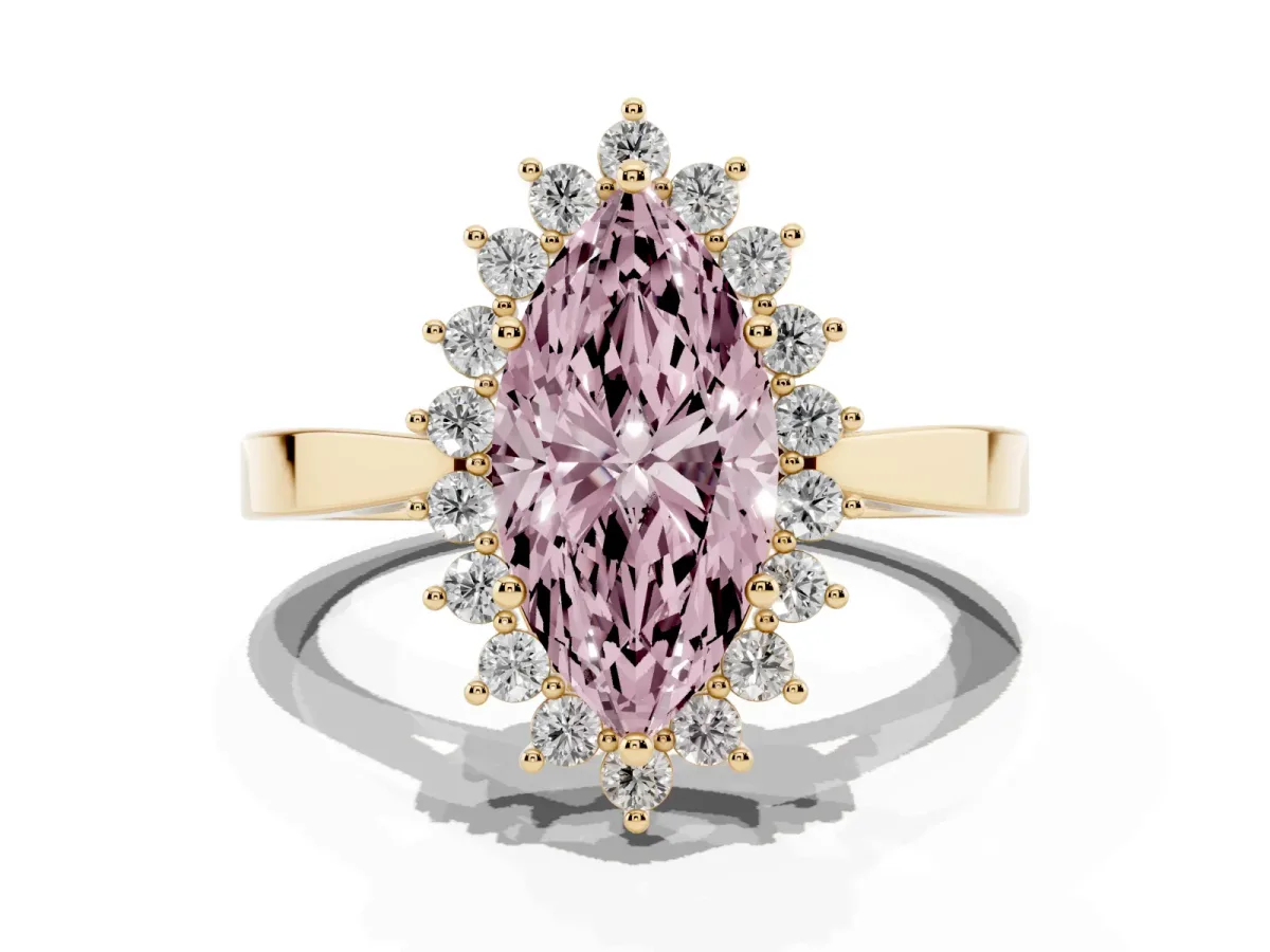 Fancy Pink Marquise Cut Cut Diamond Halo Ring with Round Brilliant Halo and Solitaire Band Yellow gold