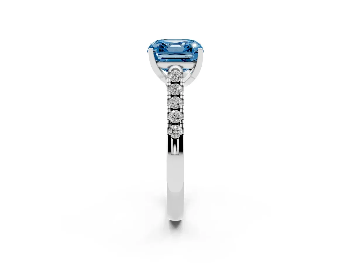 Fancy Blue Asscher Cut Diamond Pavé Band Solitaire Ring with Prong Setting Silver
