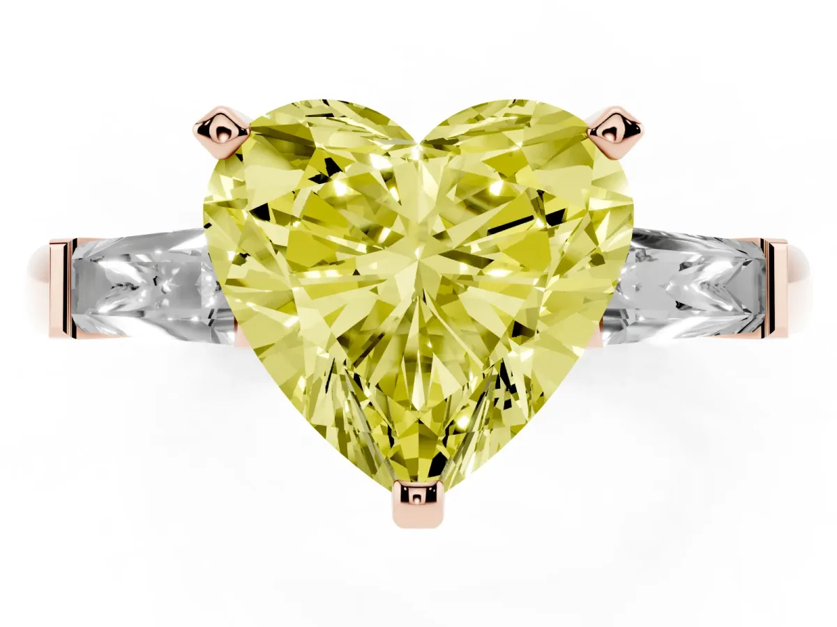 Fancy Yellow Heart Cut Solitaire with Tapered Baguette Side Stones on a Classic Band with Four-Prong Setting Rose gold