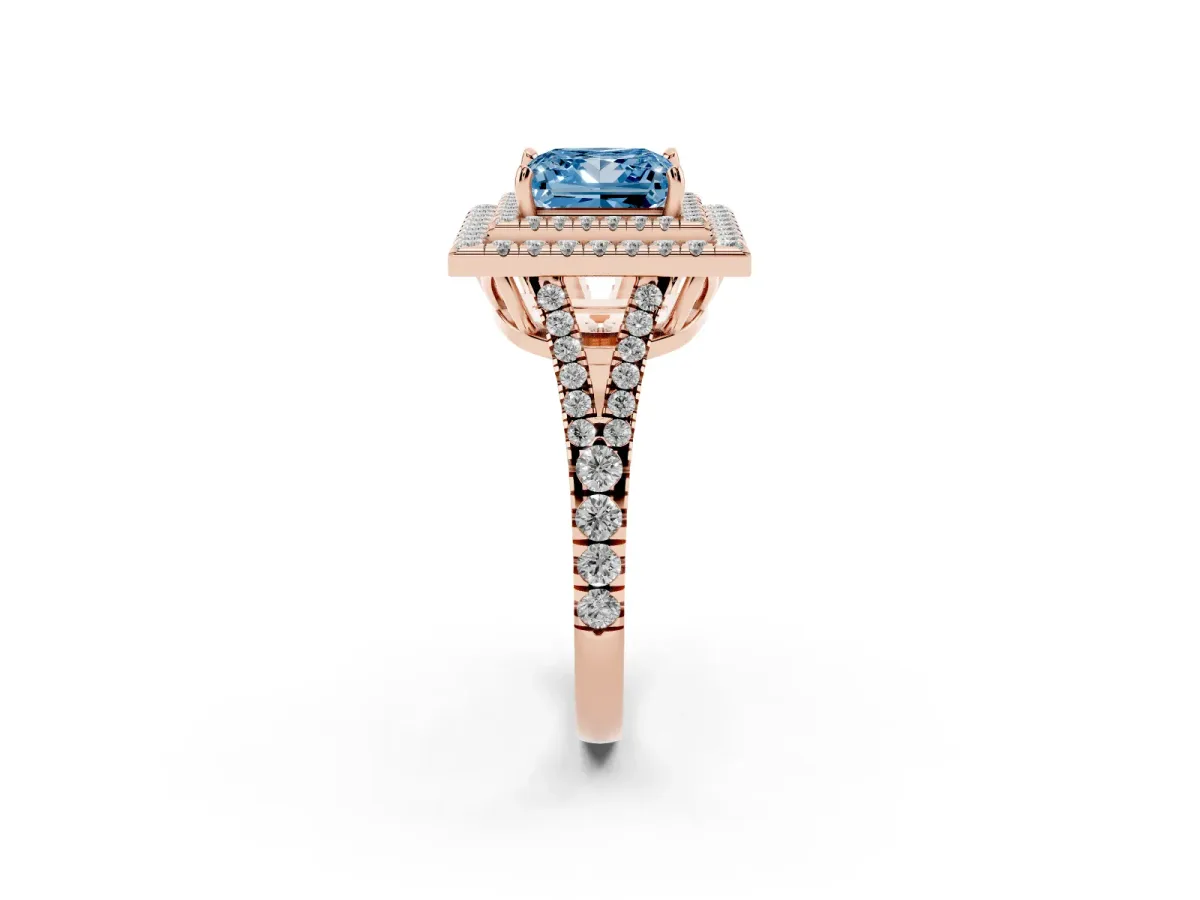 Fancy Blue Princess Cut Diamond Double Halo Ring with Pavé Band and Prong Setting Rose gold