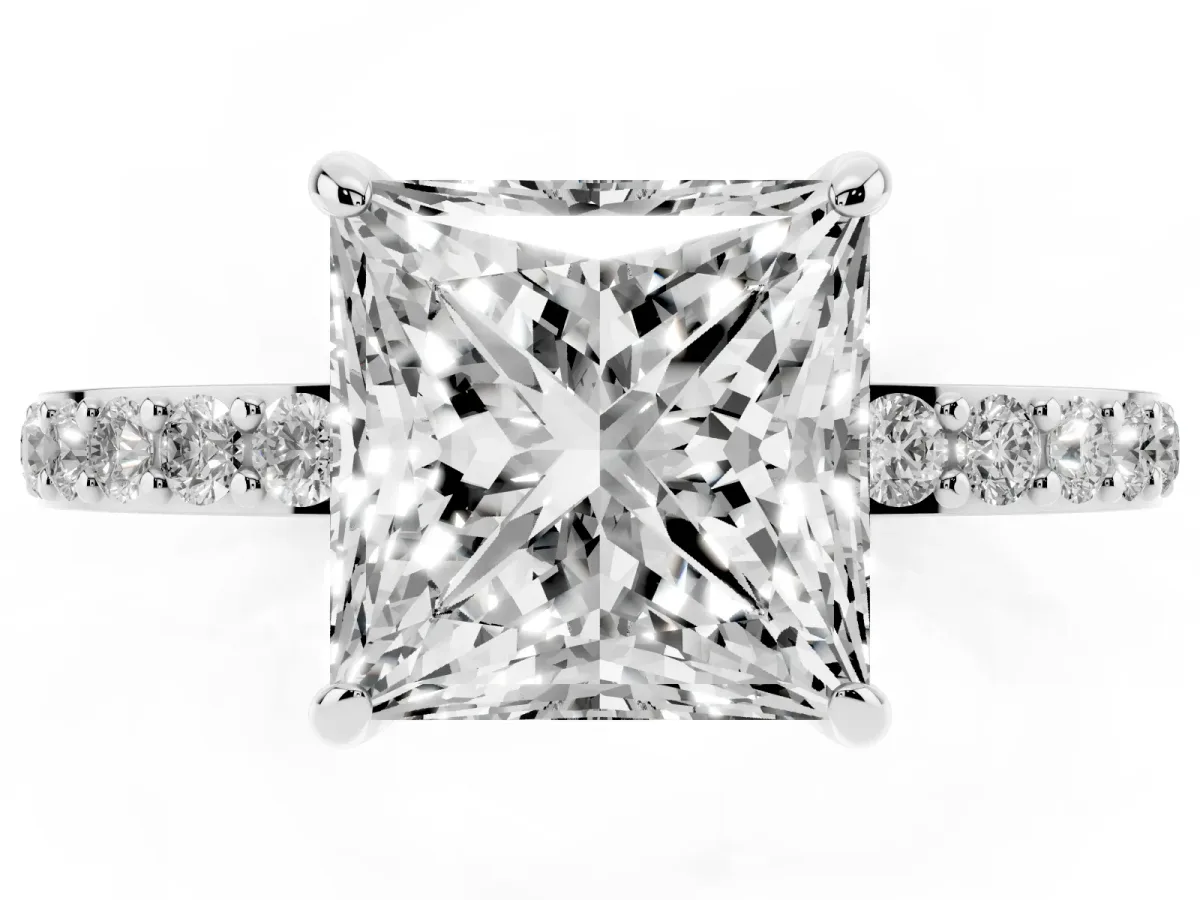 Princess Cut Diamond Solitaire Engagement Ring with Pavé Band and Four-Prong Setting Platinum
