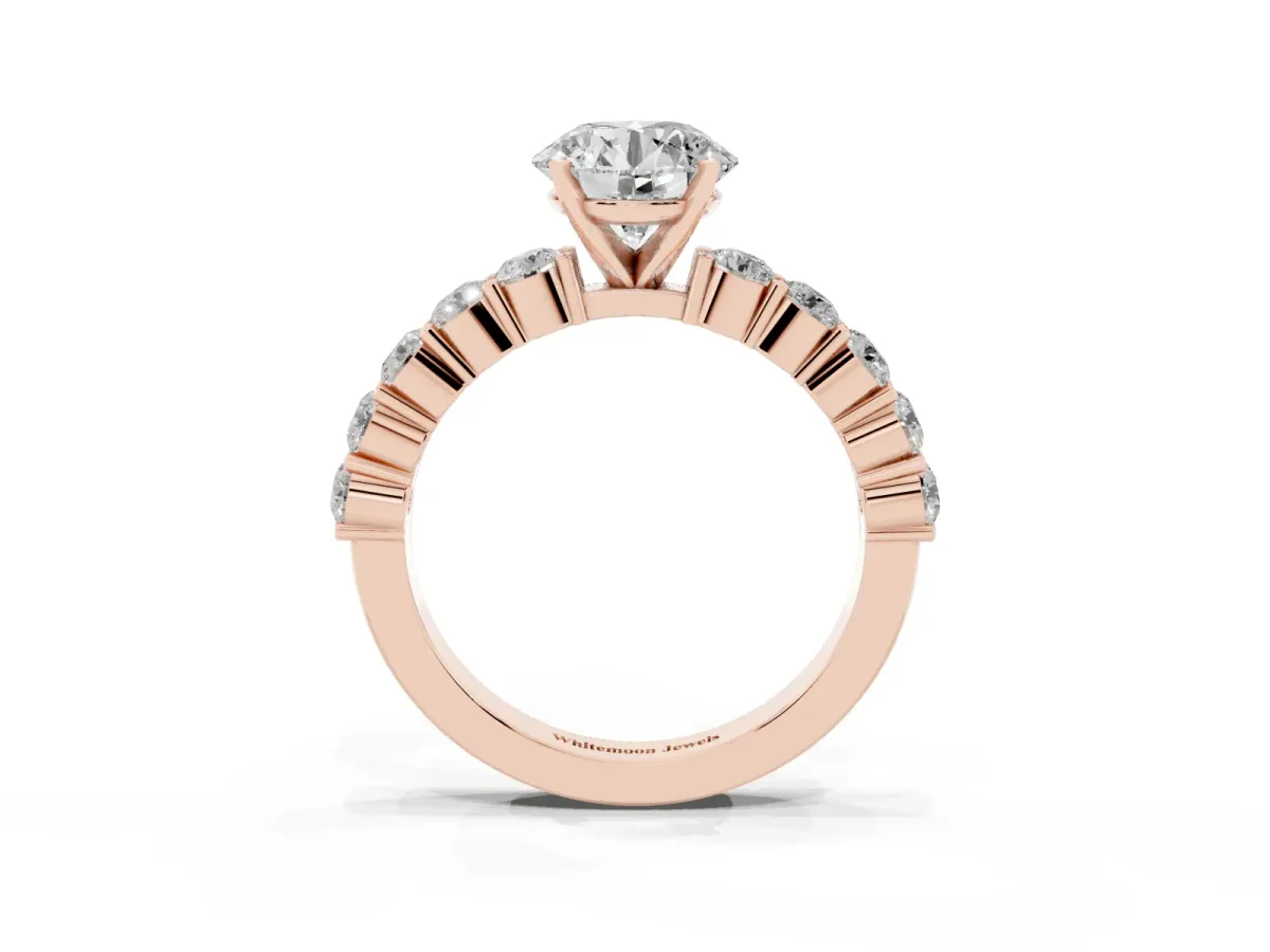 Round Cut Diamond Solitaire Ring with Shared Prong Round Side Stones Rose gold