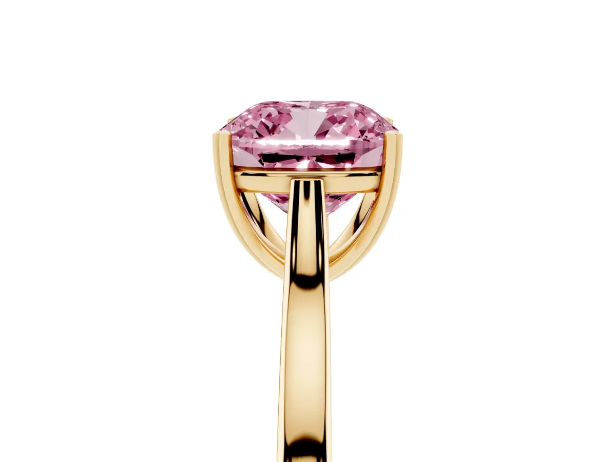 Fancy Pink Cushion Cut Solitaire Heart Prong Engagement Ring with Tapered Band Yellow gold
