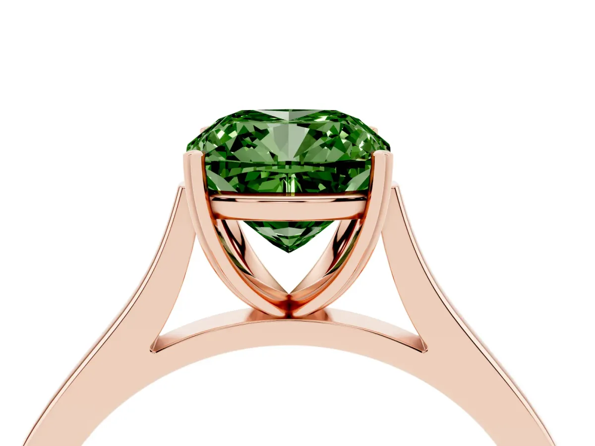 Fancy Green Cushion Cut Solitaire Heart Prong Engagement Ring with Tapered Band Rose gold