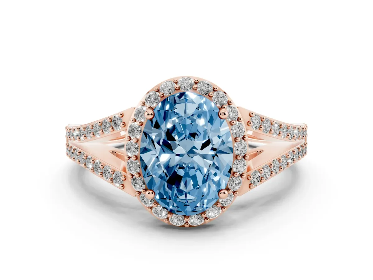 Fancy Blue Oval Cut Halo Split Shank Diamond Ring with Prong Setting Rose gold