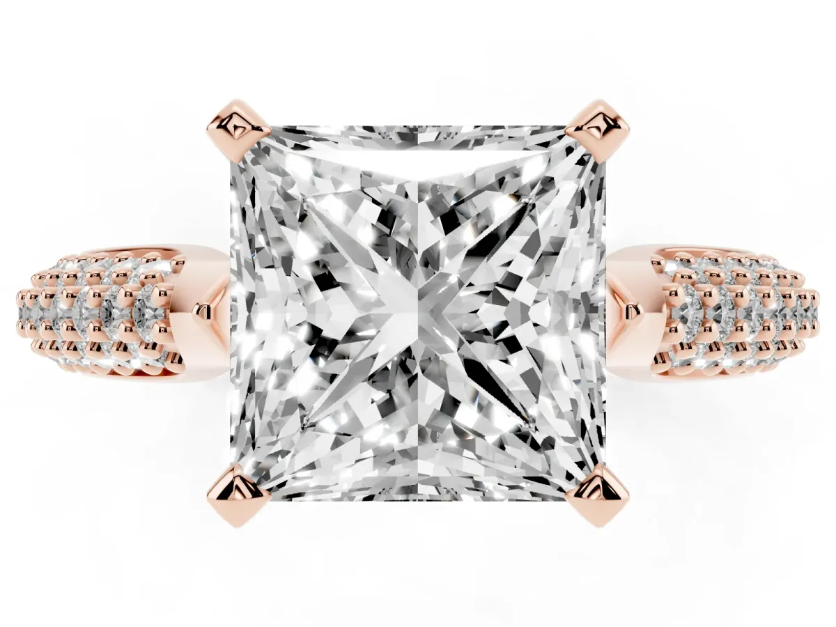 Princess Cut Diamond Solitaire Engagement Ring with Multi-Row Round Pavé Band and Prong Setting Rose gold
