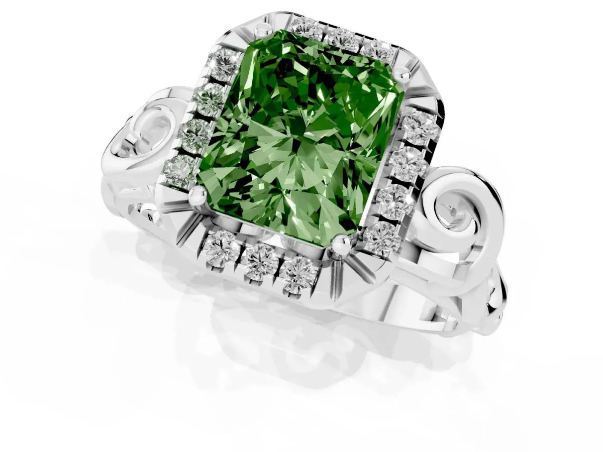 Fancy Green Radiant Cut Cut Halo Diamond Ring with Scrollwork Band and Four-Prong Setting Platinum