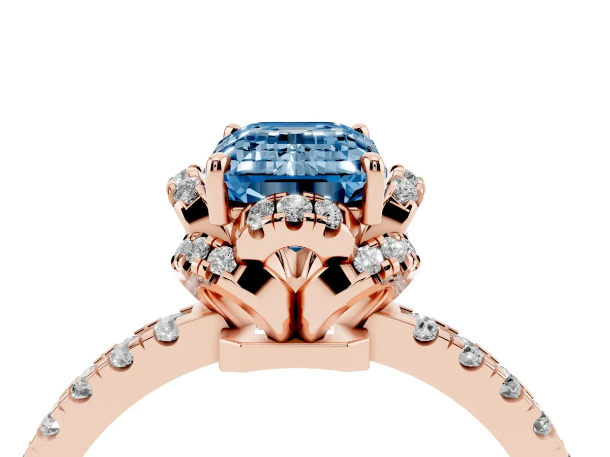 Fancy Blue Emerald Cut Halo Diamond Pave Band Ring with Four-Prong Setting Rose gold