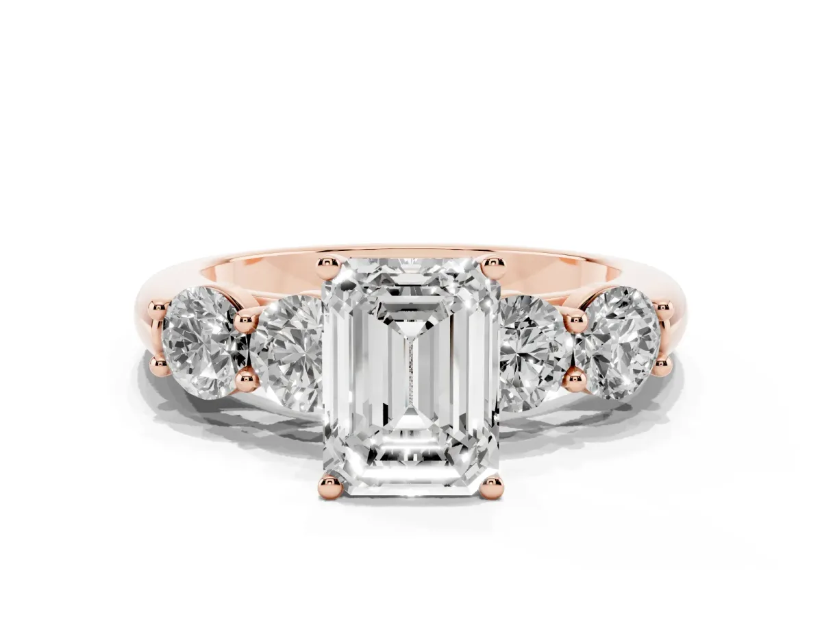 Emerald Cut Cut Five-Stone Prong Set Diamond Ring with Classic Band Rose gold