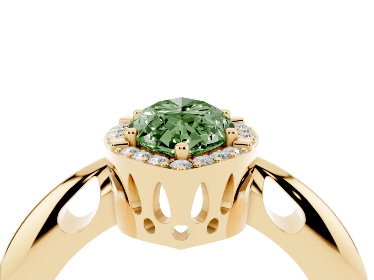 Fancy Green Marquise Cut Cut Diamond Halo Engagement Ring with Split Shank and Four-Prong Setting Yellow gold