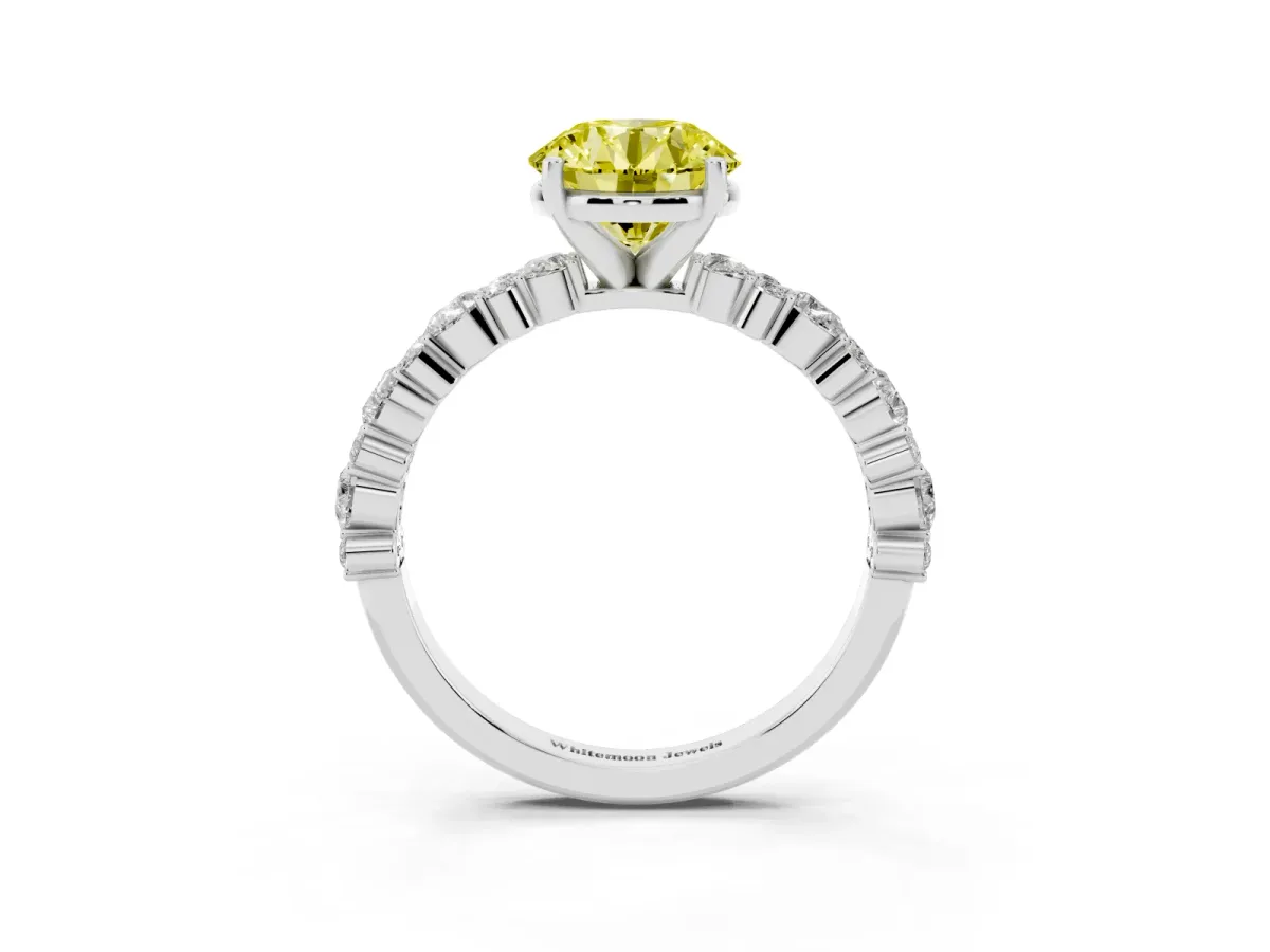 Fancy Yellow Round Cut Diamond Side Stone Solitaire Ring with Round and Four-Prong Setting Silver