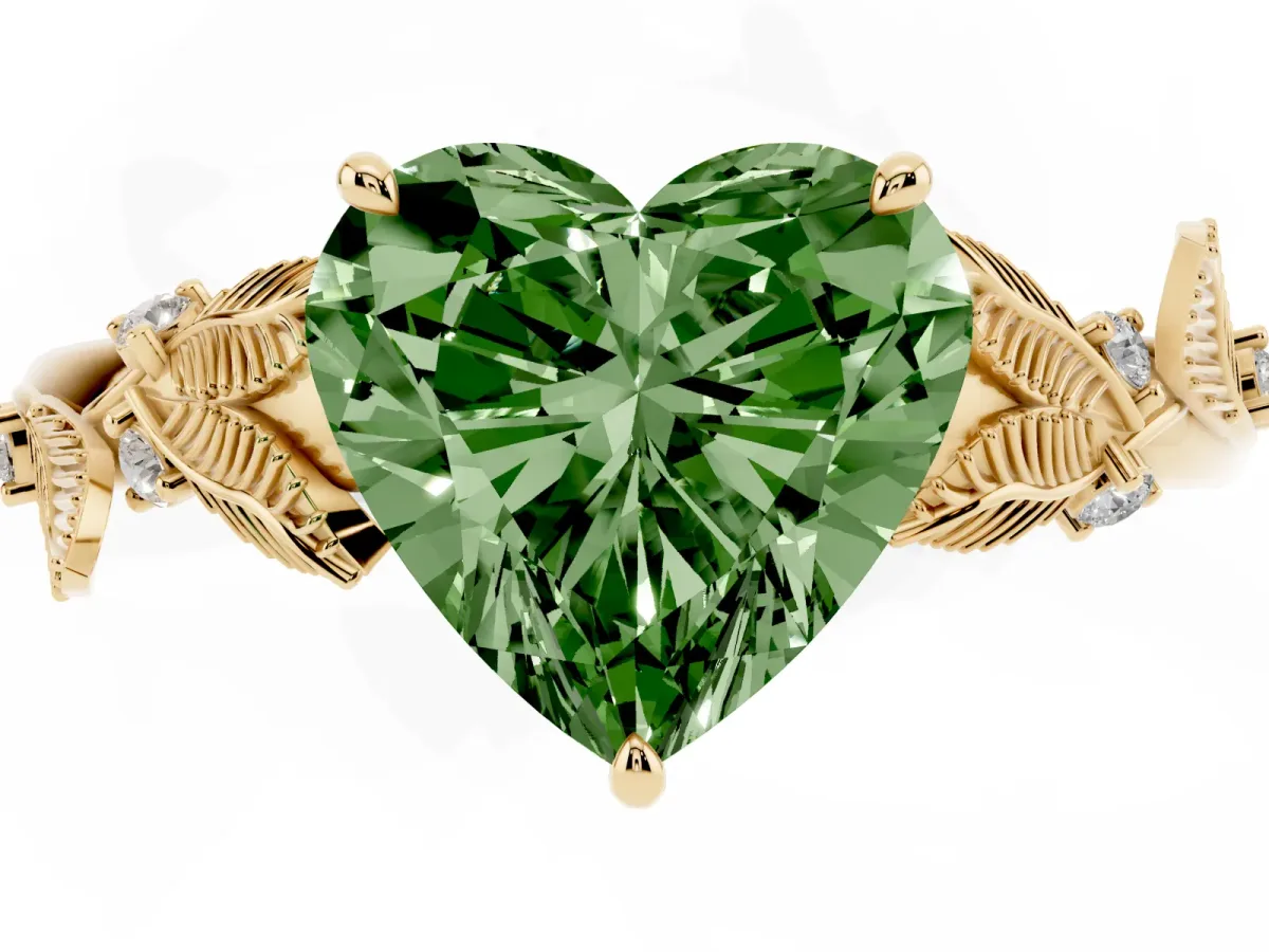 Fancy Green Heart Cut Diamond Solitaire Ring with Leaf Motif Band and Four-Prong Setting Yellow gold